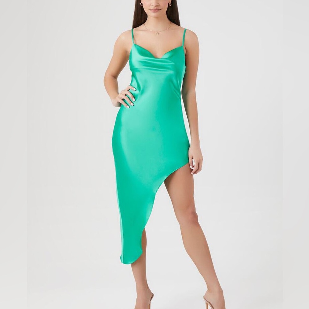 Seafoam Green Satin Cowl Slip Midi Asymmetric Dress